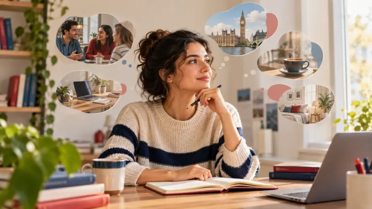 زبان‌آموز در حال فکر کردن به موقعیت‌های روزمره و تمرین زبان انگلیسی